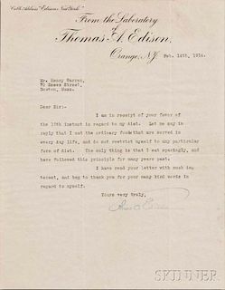 Edison, Thomas Alva (1847-1931) Typed Letter Signed, Orange, New Jersey, 14 February 1914. Single leaf of Edison's "From the
