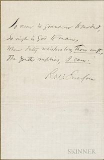Emerson, Ralph Waldo (1803-1882) Autograph Sentiment Signed. Small sheet of graph paper inscribed, "So near is grandeur to ou