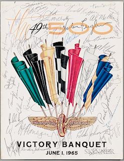 Indianapolis 500 Victory Dinner Menu Signed June 1, 1965. Folding menu with color printed front cover, signed by race winner