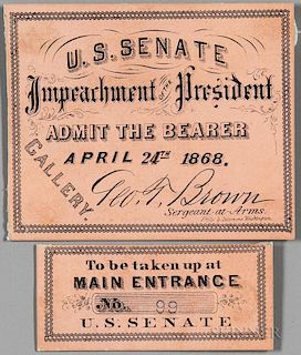 Johnson, Andrew (1808-1875) Impeachment Ticket and Stub, 24 April 1868. Two coral colored cards printed on heavy stock, ticke