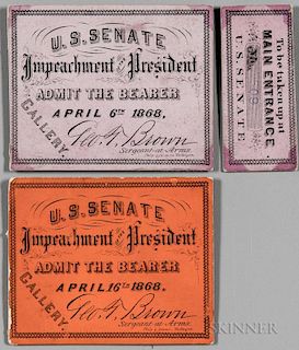 Johnson, Andrew (1808-1875) Impeachment Ticket and Stub, 6 April 1868; and a Second Ticket 16 April 1868. Two pale purple car