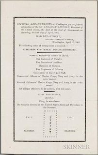 Lincoln, Abraham (1809-1865) Official Arrangements at Washington for the Funeral Solemnities of the Late Abraham Lincoln. Was
