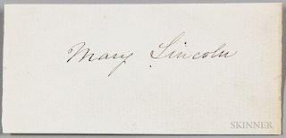 Lincoln, Mary Todd (1818-1882) Signature. Small slip of laid paper bearing Mrs. Lincoln's signature, 4 1/2 x 2 in.