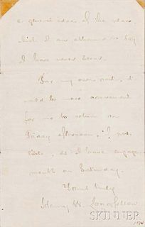 Longfellow, Henry Wadsworth (1807-1882) Partial Autograph Note Signed, c. 1874. Single leaf, the final page of a longer lette
