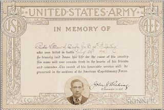 Pershing, John J. (1860-1948) Signed WWI Memorial for Private William J. Doyle, 1918. Official U.S. Army issued certificate w