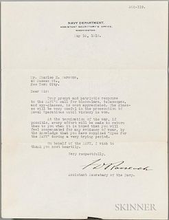 Roosevelt, Franklin Delano (1882-1945) Typed Letter Signed, 16 May 1918. Single page, signed as Assistant Secretary of the Na