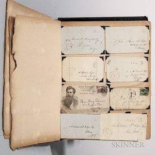 Scrapbook, American, 19th Century, Containing Postmarked Covers and Other Ephemera. Approximately sixty 19th century American