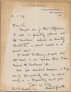 Sydney Holland, 2nd Viscount Knutsford (1855-1931) Autograph Letter Signed, 31 January 1929. Single leaf of the Viscount's wr