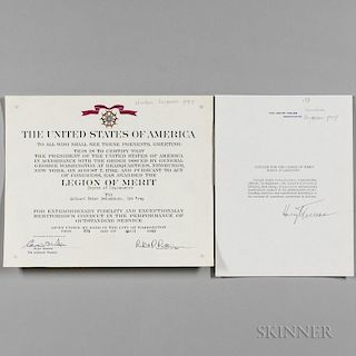 Truman, Harry (1884-1972) Signed Citation, 9 April 1946. Citation for the Legion of Merit, Degree of Legionnaire, presented t