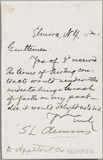 Twain, Mark (1835-1910) Autograph Note Signed, Elmira, New York, [no date]. Single leaf of laid paper, inscribed over one pag