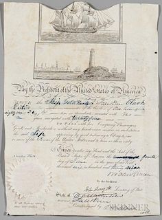 Van Buren, Martin (1782-1862) Signed Ship's Passport, 1809. Parchment with engraved images of ship and port with lighthouse a