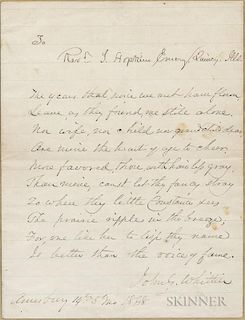 Whittier, John Greenleaf (1807-1892) Autograph Poem Signed and Autograph Letter Signed. Letter keeping the promise of an auto