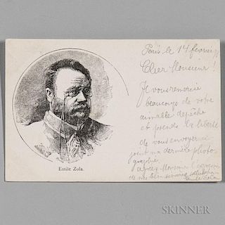 Zola, Emile (1840-1902) Autograph Postcard Signed 14 February 1898. Postcard with an image of Zola and his handwritten messag