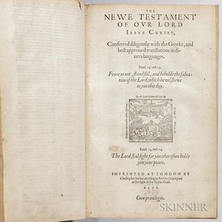 Bible, English, The Geneva Version. London: Barkar, 1576. Small folio, lacking title page, three preliminary leaves, the firs