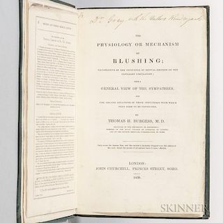 Burgess, Thomas H. (d. 1865) The Physiology or Mechanism of Blushing, Author's Presentation Copy. London: Churchill, 1839. Fi