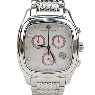 Vintage David Yurman Stainless Steel and Sterling Silver Chronograph Bracelet Watch with Mother of Pearl Dial, Diamond Hour M