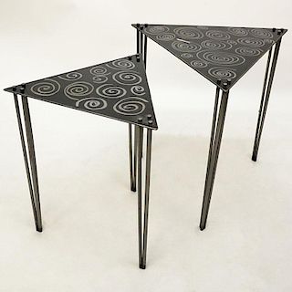Two Contemporary Welded Steel Nesting Tables. Both with triangular shape and dremeled swirl design.
