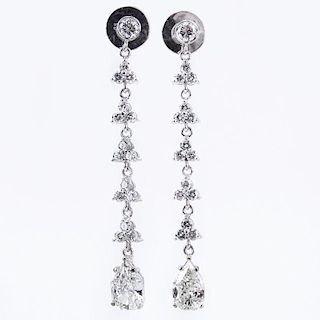 GIA Certified Approx. 3.15 Carat Pear Shape and Round Brilliant Cut Diamond and 14 Karat White Gold Chandelier Earrings.
