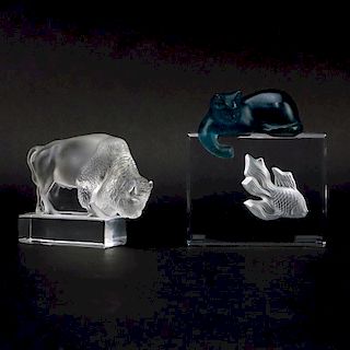 Daum Crystal "Aquarium" along with Lalique Bison Figurines.