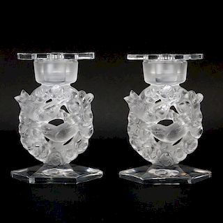 Pair of Lalique "Mesanges" Clear and Frosted Crystal Candlesticks with Inserts.