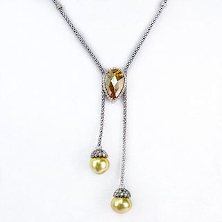 Approx. 2.61 Carat TW White and Multi Color Diamond, 19.90 Carat Citrine, Golden South Sea Pearl and 18 Karat White Gold Neck