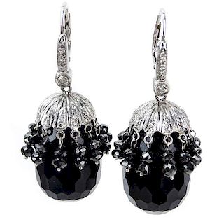 Approx. 8.99 Carat Black Diamond, .52 Carat Pave Set Diamond, Black Stone and 18 Karat White Gold Pendant Earrings.