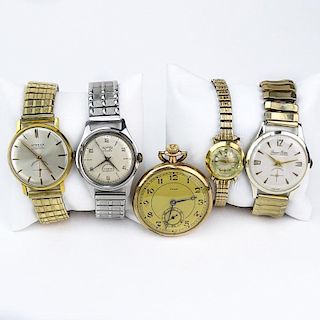 Collection of Five (5) Vintage Watches. Includes a lady's Omega, men's Hilton, Atrexa, Benson Electra and a CVMA pocket watch