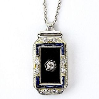 Assembled Art Deco Diamond, Sapphire, Black Onyx and 18 Karat White Gold Pendant (was once a watch) on 14 Karat White Gold Ch