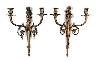 A Pair of Louis XVI Style Gilt Metal Two-Light Sconces Height 16 1/4 inches.
