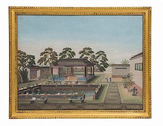 A Set of Four China Trade Paintings Height 14 1/2 x width 19 1/2 inches (visible).