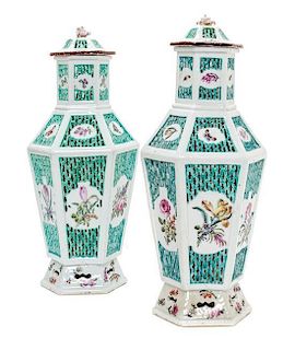 A Pair of Chinese Export Porcelain Reticulated Vases and Covers Height 14 inches.