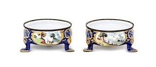 A Pair of English Enameled Salts Diameter 3 inches.
