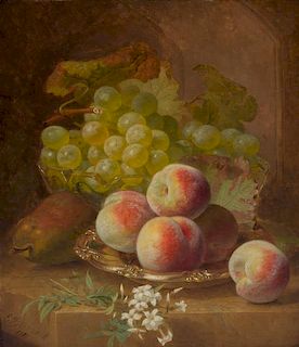Eloise Harriet Stannard, (British, 1829-1915), Peaches on Silver Tray with Green Grapes, 1888