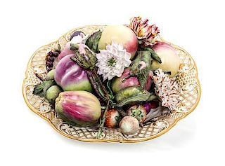 A English Porcelain Model of a Basket of Fruit and Flowers Diameter 10 1/4 inches.