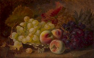 Eloise Harriet Stannard, (British, 1829-1915), Autumn Leaves, Grapes and Peaches on Silver Salver
