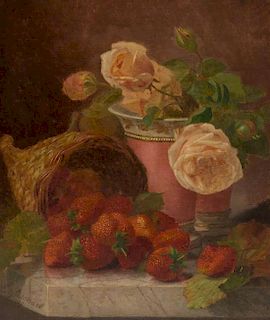 Eloise Harriet Stannard, (British, 1829-1915), Pink Roses in Vase and Strawberries Falling From Basket, 1889