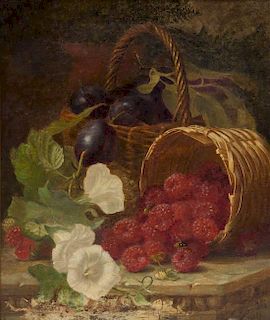 Eloise Harriet Stannard, (British, 1829-1915), Raspberries and Plums in Baskets, 1889