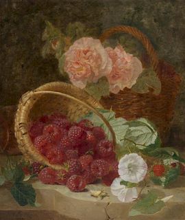 Eloise Harriet Stannard, (British, 1829-1915), Raspberries and Pink Peonies in Baskets, 1888