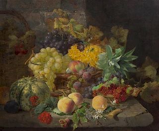 Eloise Harriet Stannard, (British, 1829-1915), Pineapple, Grapes and Melon in a Basket with Butterfly and Knife