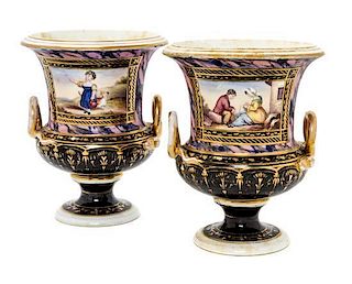A Pair of Bloor Derby Porcelain Urns Height 6 3/4 inches.