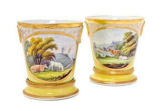 A Pair of English Porcelain Cache Pots Height overall 7 inches.