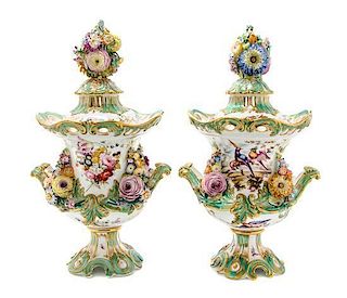 A Pair of English Porcelain Covered Urns, Height 17 3/8 inches.