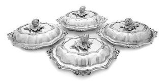 A Set of Four English Silver-Plate Entree Dishes and Covers, 20th Century, the covers engraved "Arch. de M" and with artichoke f
