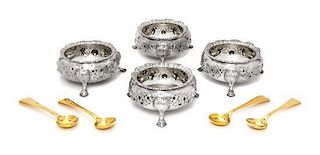 A Set of Four Victorian Silver Salts and Salt Spoons, William Hutton & Sons, London, 1893/1904, retailed by Fortnum & Mason, com