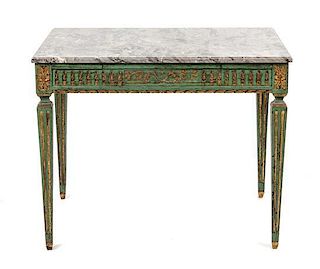 A Louis XVI Style Painted and Parcel Gilt Tea Table Height 28 1/4 x width 36 1/4 x depth 25 1/2 inches.