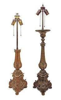 Two Italian Baroque Style Pricket Sticks Height of taller overall 33 inches.