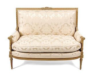 A Louis XVI Beechwood Seating Suite, Height of canape 39 x width 45 3/4 x depth 27 inches.