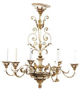 A French Cream and Gold Painted Six-Light Chandelier, Height 30 x diameter 27 inches.
