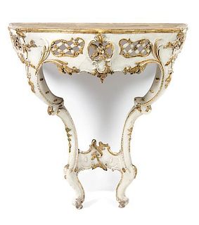 A Rococo Style White Painted and Parcel Gilt Console Table, Height 32 x width 29 1/2 x depth 17 inches.