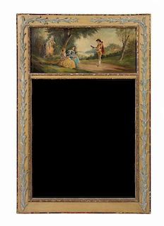 A Continental Painted Wood and Gesso Trumeau Mirror, Height 65 x width 44 inches.